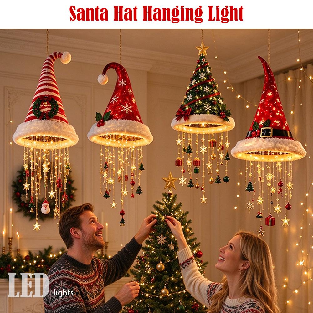 LED Santa Hat Hanging Light Christmas Hat Pendant Lamp with Tassel Bell Star Ornament Xmas New Year Party Decoration Light