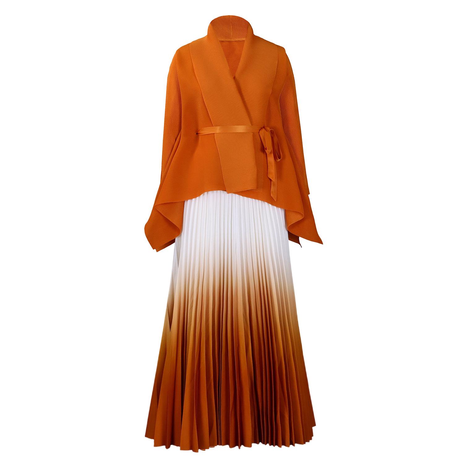 

Европейская и американская мода Плиссированный топ и градиентная юбка-свинг Комплект из двух частей One Size оранжевый