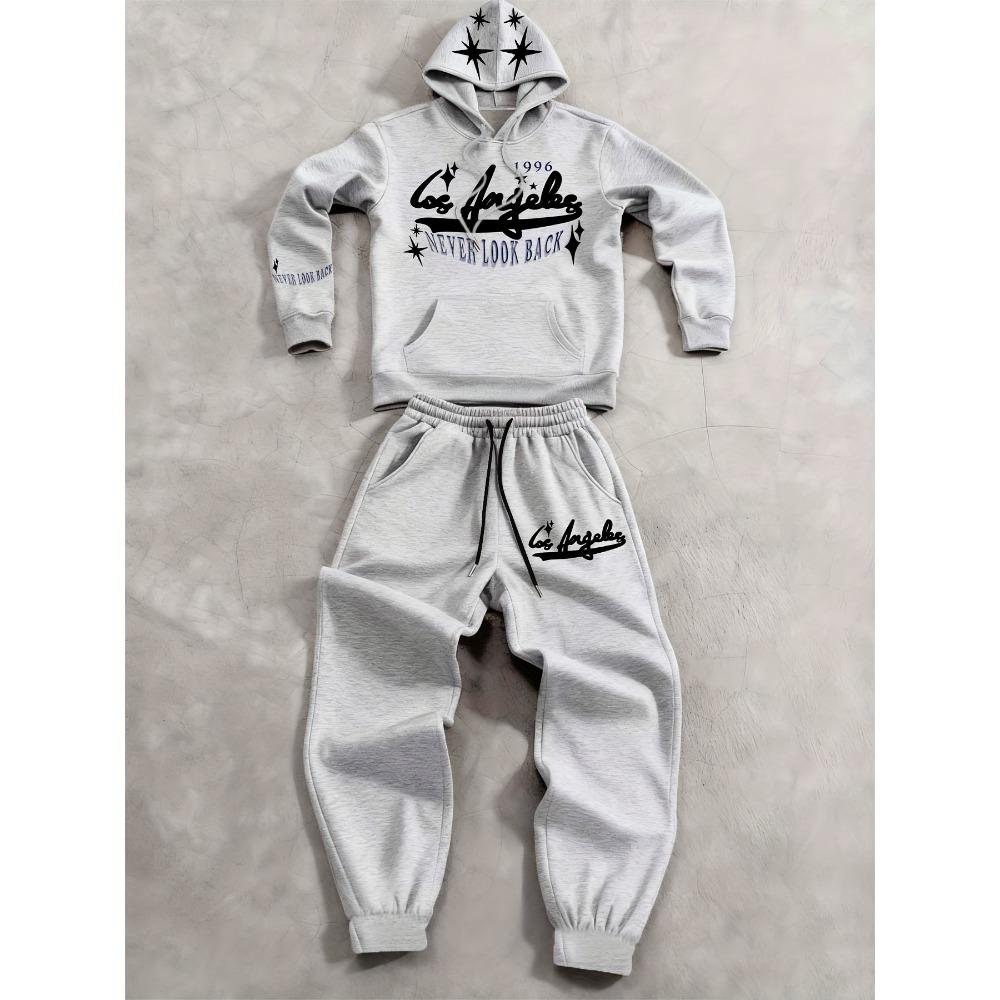 Men's Casual Two Piece Set, Featuring a Printed Hoodie with Letter Patterns and Drawstring Outdoor Casual Sports Pants, Suitable for Travel