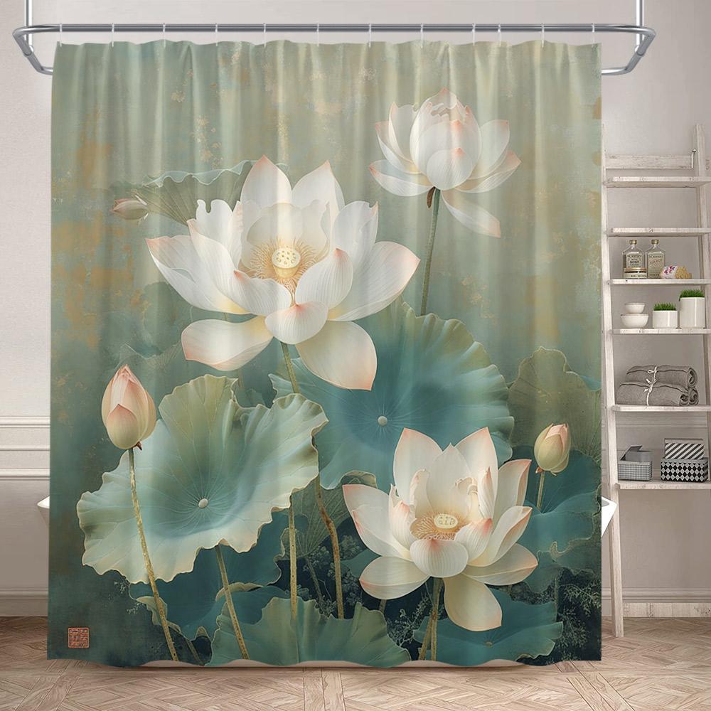 

Lotus Shower Curtains White Floral Green Leaves Plant Chinese Style Art Bath Curtain Polyester Bathroom Bathtub Decor With Hooks 90x180cm-35x70in