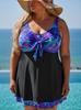 Grote Maat Europese/Amerikaanse Tankini Zwemkleding - Paars Koraal Patchwork Tweedelig Zwempak met Rokje