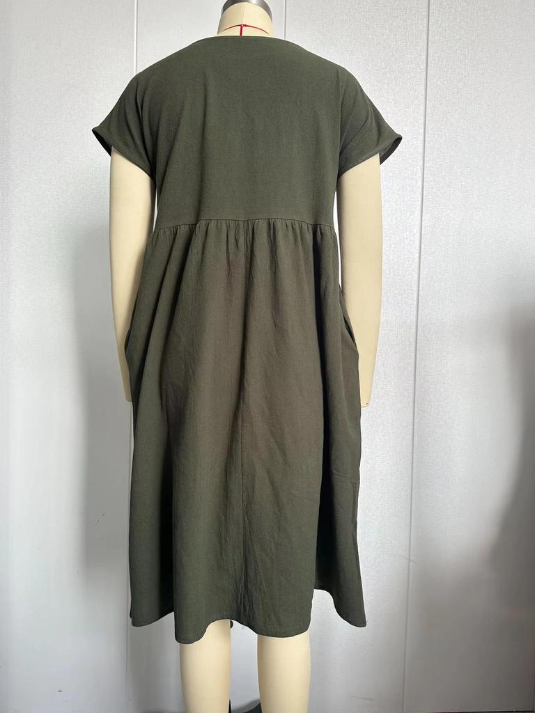 Women's Mid-Length Cotton Linen Dress - Round Neck, Short Sleeve, Solid Color, Pleated, Loose-Fit Casual Design