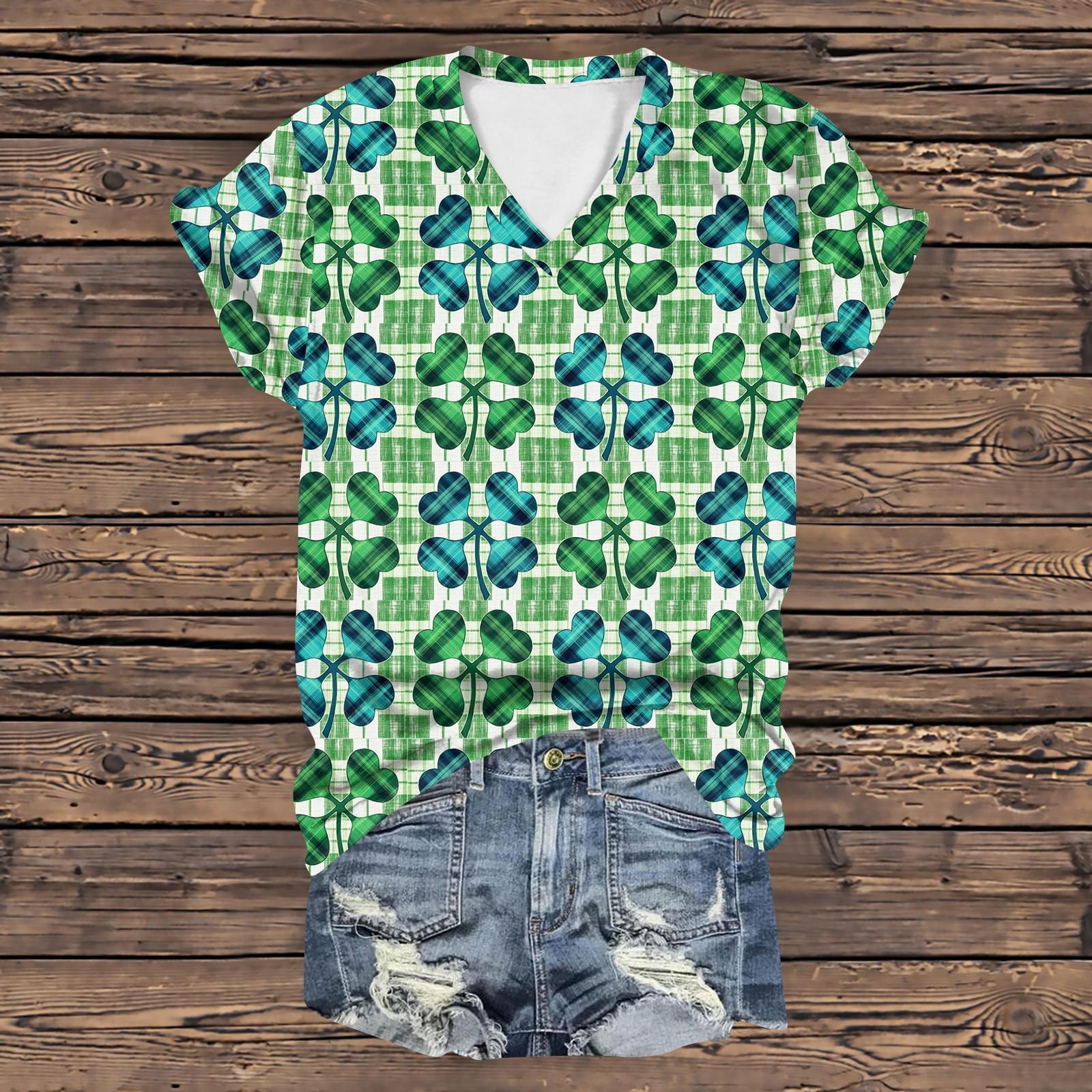 

Женская повседневная свободная одежда St. Футболка с короткими рукавами и V-образным вырезом с принтом ко Дню Святого Патрика XL небесно-голубой