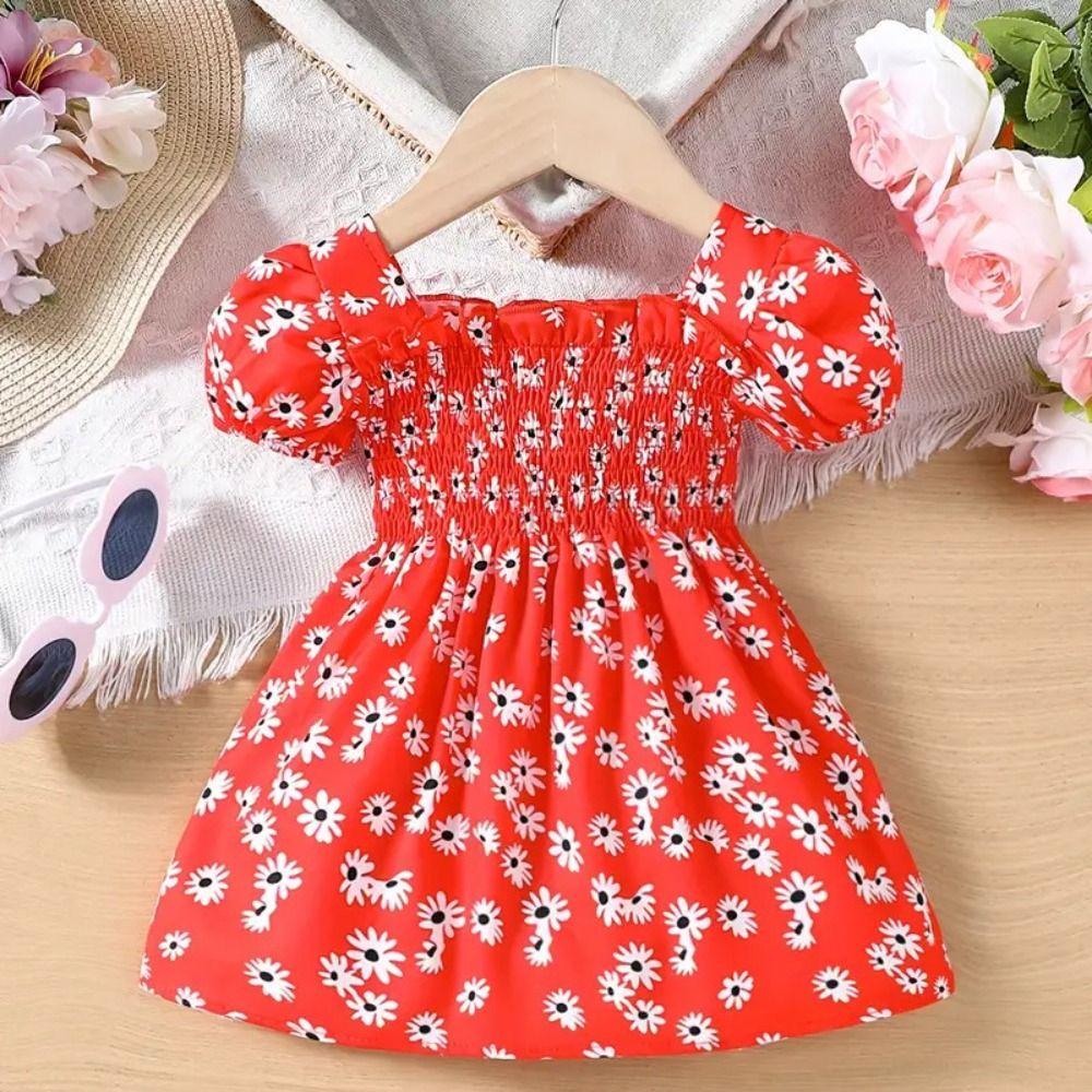 Square Collar Summer Flower Dress Puff Sleeve Toddle Dress Baby Girls Princess Dress  Summer
