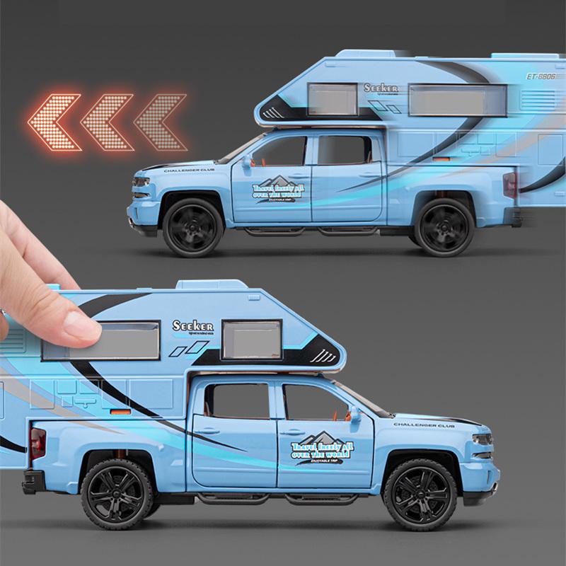 1/32 Silverado Pickup RV Recreational Car Model Diecast Camper Van Motorhome Touring Vehicles Car Model Sound Light Kid Toy Gift