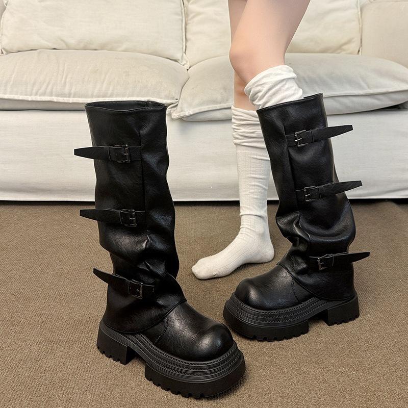 Height-increasing tall tube fashion women's boots pleated locomotive retro pile up but knee boots belt buckle thick-soled leather boots none