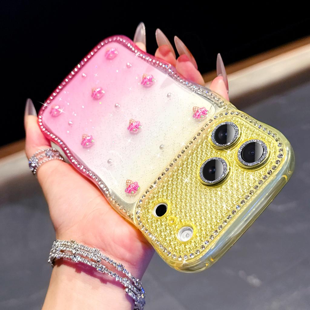 Glitter Cherry Gradient Colorful Flash Lens Film Protect Case for 17 Air 16 15 14 Plus 13 Pro Max Wavy Curly Edge Diamond Cover