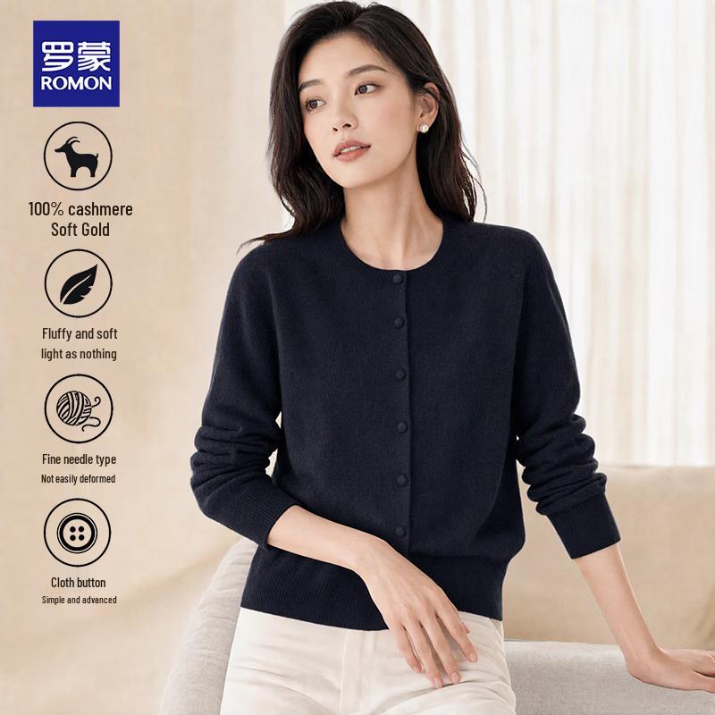 ROMON Women's 100% Pure Cashmere Crewneck Cardigan