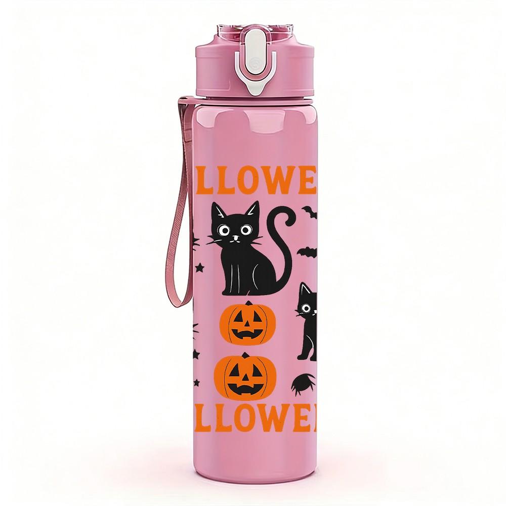1PC Halloween Black Cat Pumpkin Art 750ml Color Plastic Sports Water Bottle Leakproof Flip Straw Lid Suitable for Sports Office Home Use
