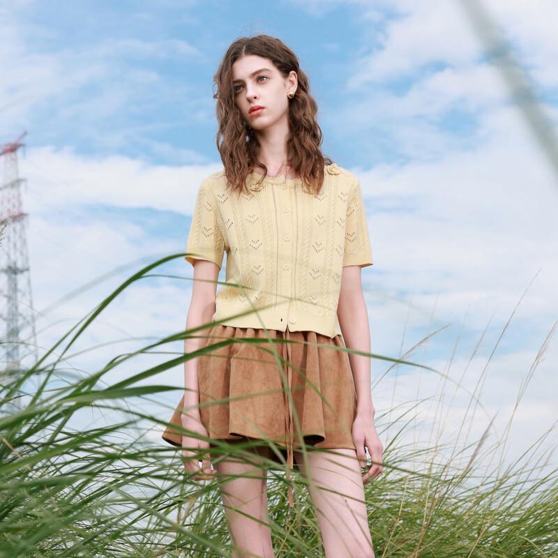Sancai Women's Round Neck Short Sleeve Knit Cardigan