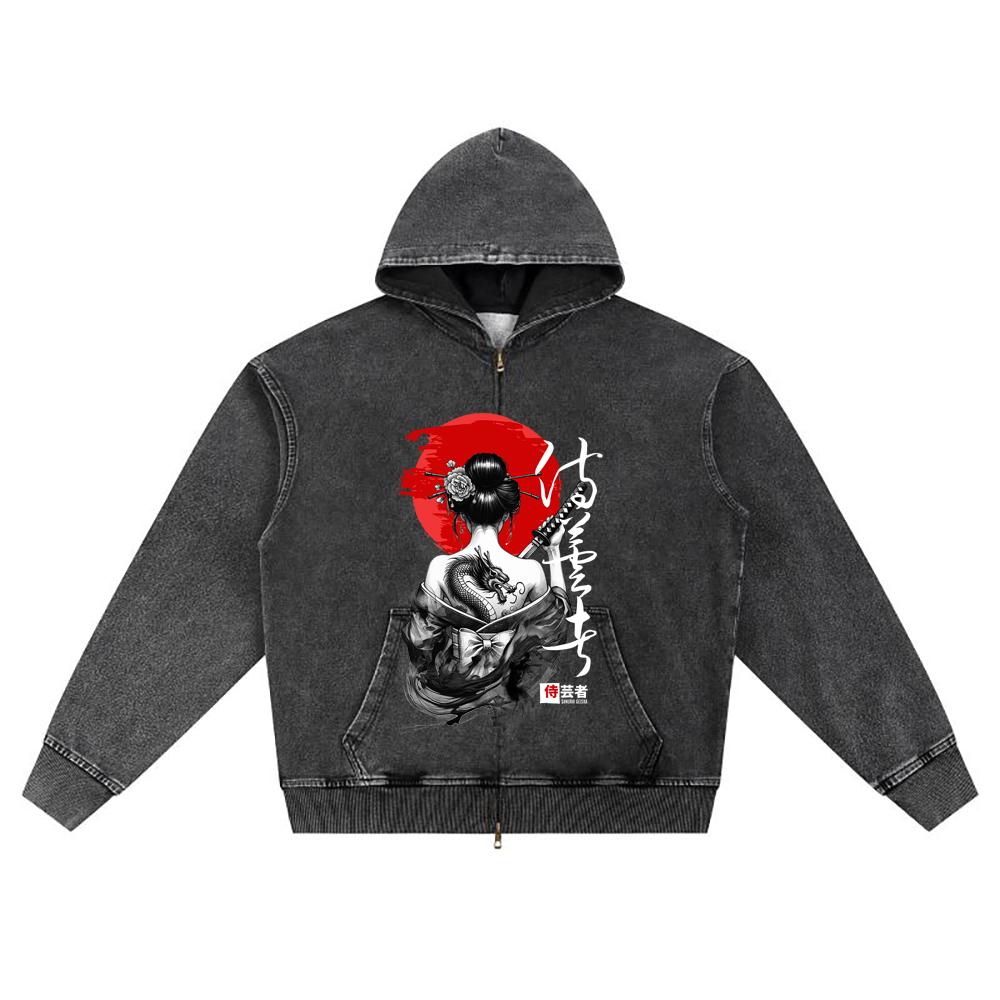 

DTG print Knitted Denim Zip-Up Hoodie Japan Samurai Brother Print Zipper Hoodies S