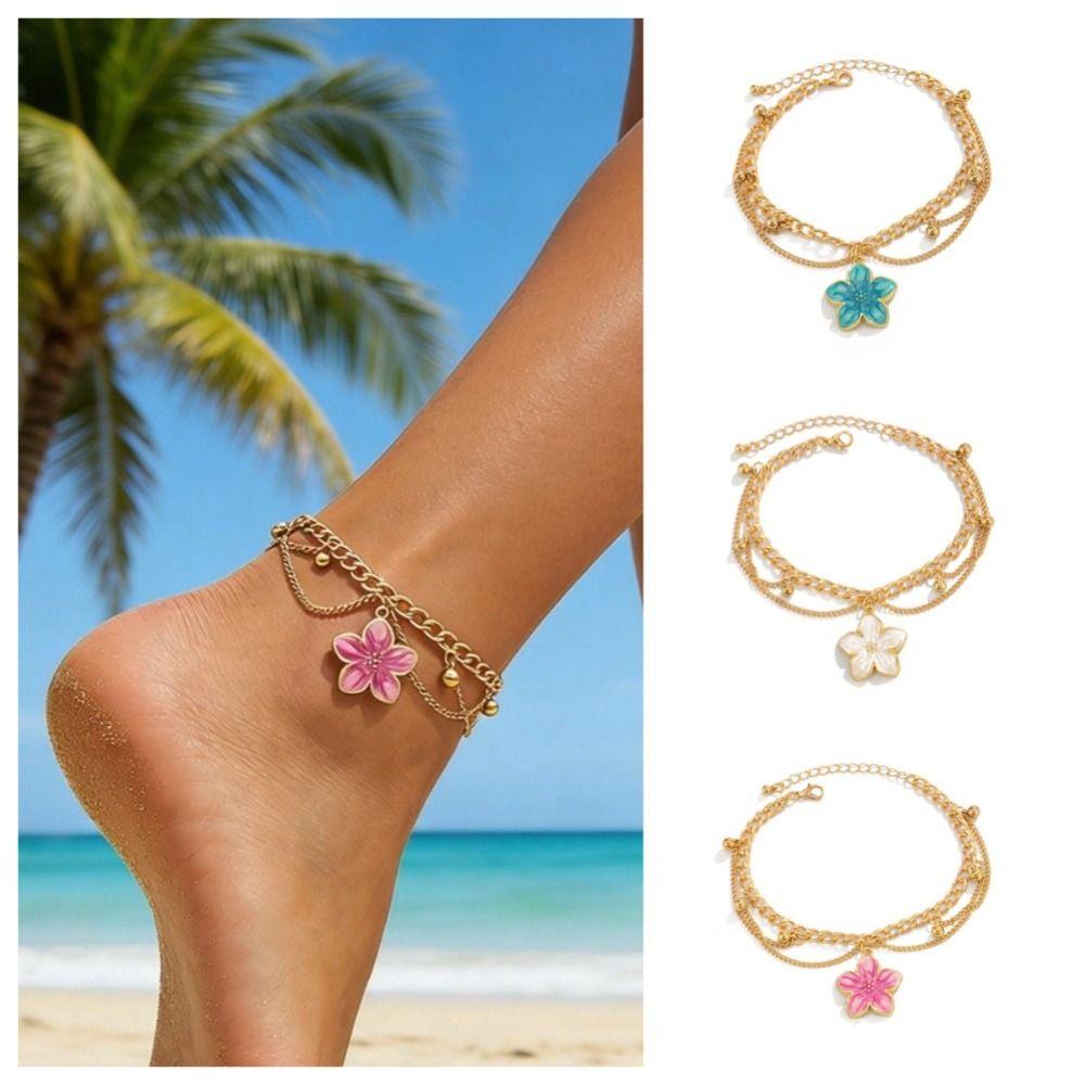 Gold Flower Pendant Anklet Adjustable Beach Jewelry Simple Oil-Dripped Foot Chain  Women