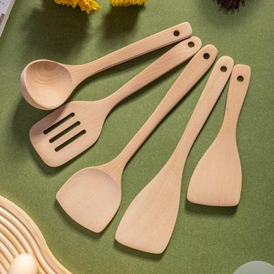 Beech Wood Long Handle Cooking Spatula Set - Unpainted & Unwaxed, Includes Large Porridge & Oil Spoon, Ideal Household Gift