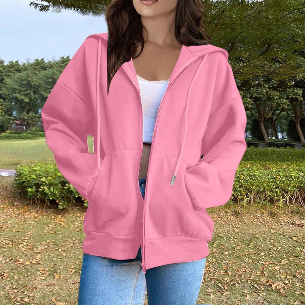 Women's Casual Fashion Solid Color Long Sleeved Zippered Hooded Sweatshirt