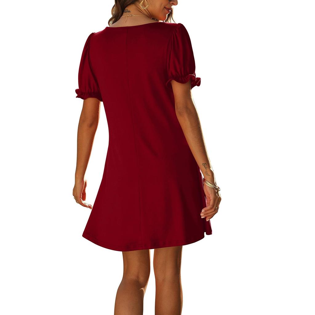 Sommermode für Damen, einfarbig, V-Ausschnitt, Blütenblattärmel, kurze Ärmel, Taschenkleid