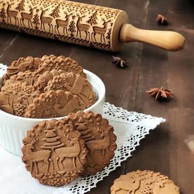 Christmas Elk Printed Rolling Pin Baking Embossed Cookie Rolling Pin