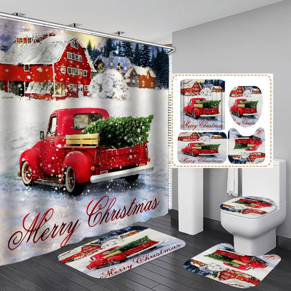 Merry Christmas Bathroom 4Pcs Set Snowman Santa Claus Pattern Waterproof Shower Curtain Toilet Cover Mat Non Slip Rug Home Decor