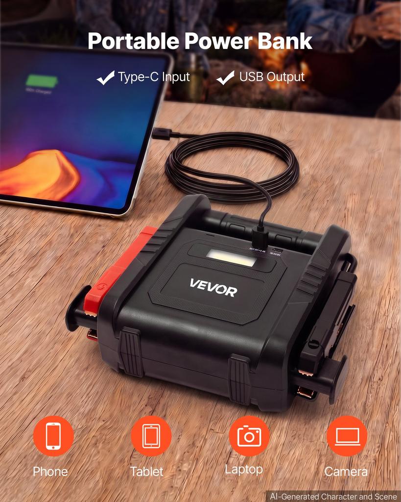 VEVOR Jump Starter 6000A Peak Portable Car Battery Booster Jump Box 12V, for Up to Most Gas / 10.0L Diesel Engine, Power Bank