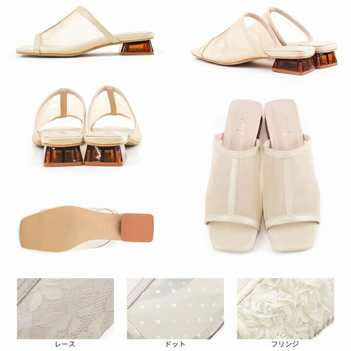 Sheer Clear LL [Vivian] Sandals, Women's Mules, Heel, Tulle, V0378SM, Silver, (25.0-25.5)