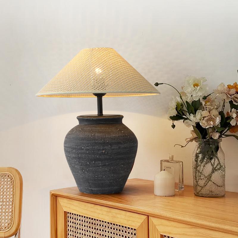 E27 Table Lamp Lampshade Linen Fabric Shell Japanese Zen Rattan Hand Woven Lamp Cover Wabi-Sabi Style Bedside Floor Lamp Shade