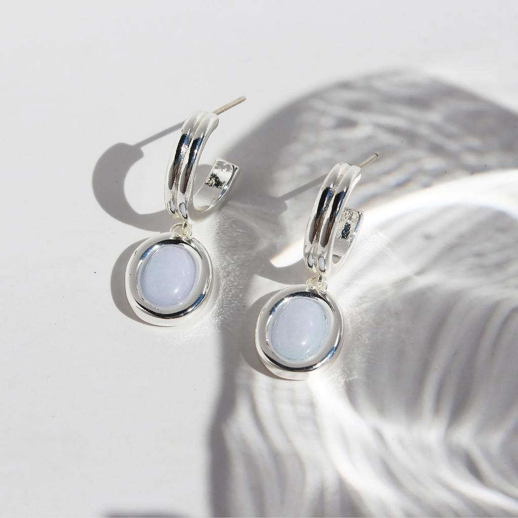 Korean Premium Cold Silver Oval Natural Stone Earrings Simple Versatile Stud Earrings Silver Needle 500