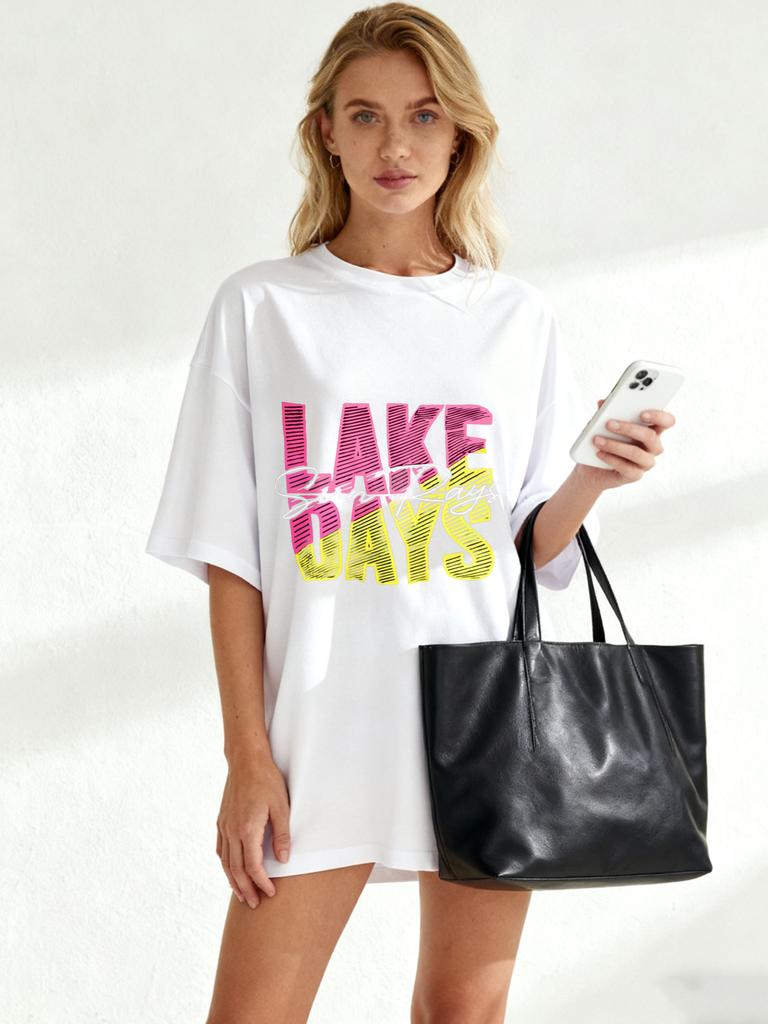Lake Days Oversized T Shirt Black Pink And Yellow Gradient Text Sun Rays Print Summer Beach Vacation Wear