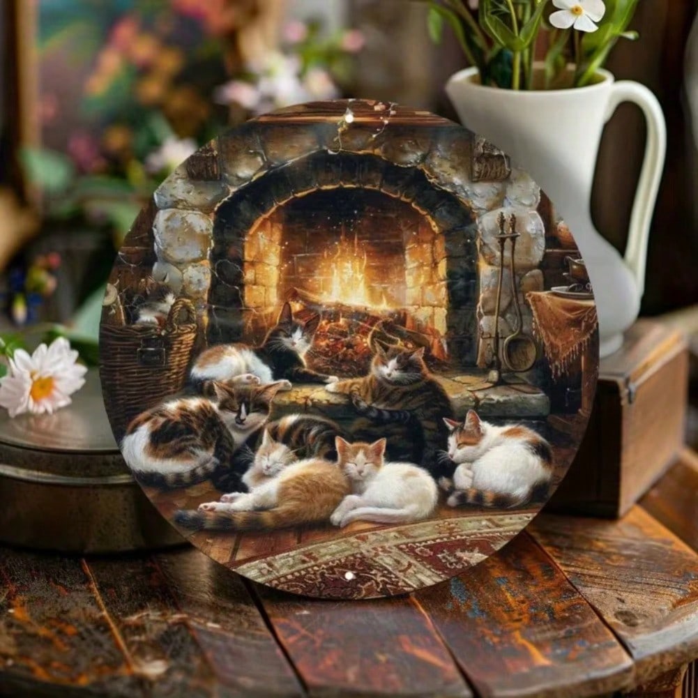 

Cozy Fire Cat Round Metal Wall Art Birthday Party Gift Home Decor 20x20 різнокольоровий