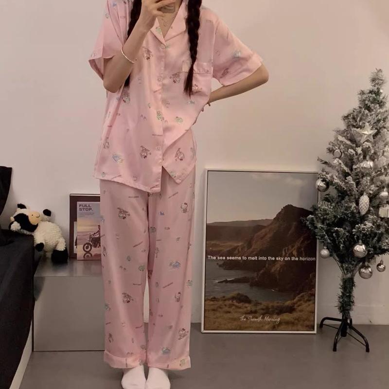 Silk Premium Pajamas Women'S Summer Short-Sleeved Trousers Ice Silk Cartoon Pink And Sweet Girl Suit Loungewear