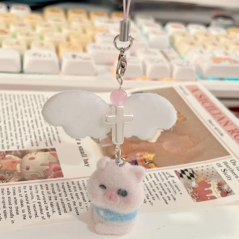 Cartoon Flocking Dog Piggy Pendant Keychain  Key Ring For Women Girls Cute Bag Pendant Kawaii Mobile Phone Chain Gifts