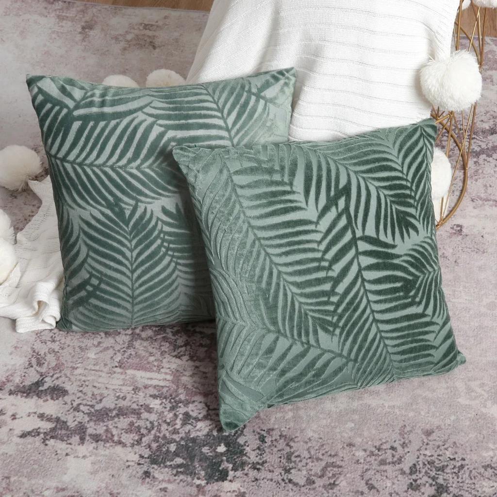 1Pc Velvet Leaf Throw Pillow Covers, Modern Square Decorative Pillowcase, Neutral Palm Cushion Case for Sofa Couch 18 x 18 Inch