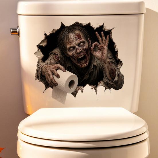 Removable Adhesive Toilet Clings Spooky Crack Ghost Tank Lid Sticker, Halloween Horror 3D Broken Wall Zombie Indoor Scene Setters Seat