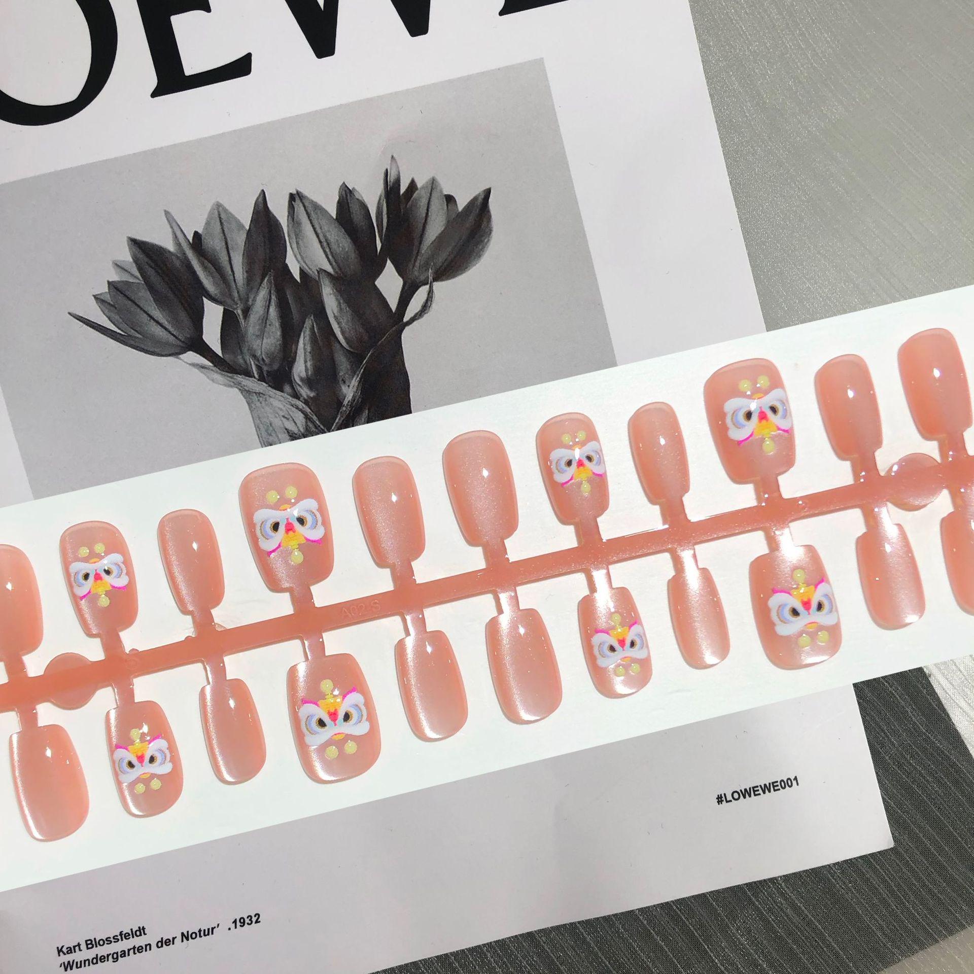 

3D Pink Lion Dance Press-On Nails: Chinese New Year Cat Eye Design - Short Sheer Style