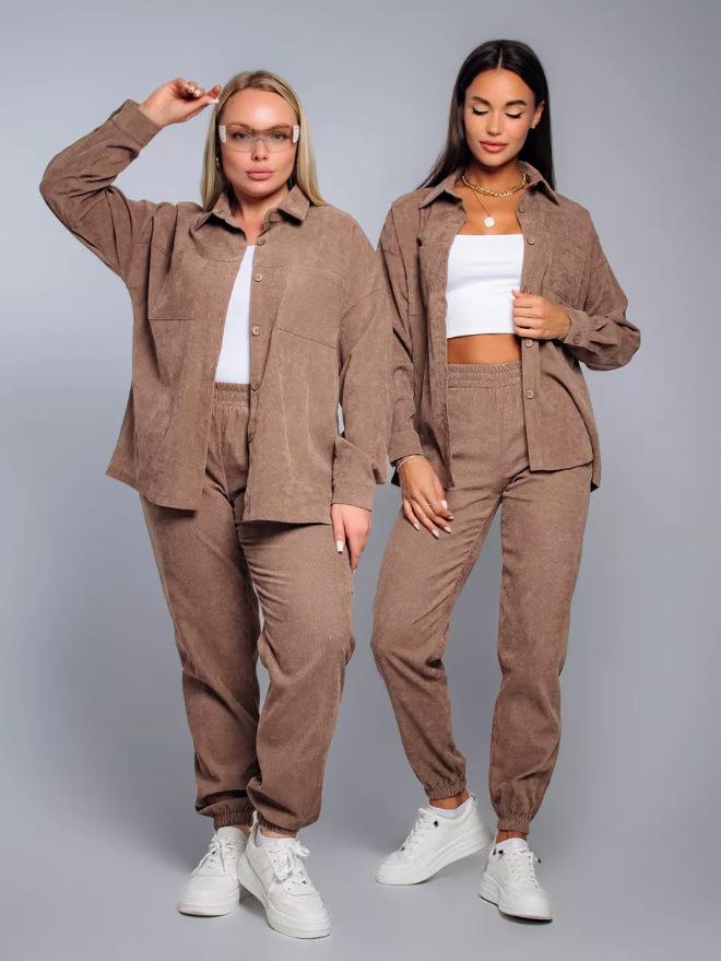 2026 Retro Plus Size Corduroy Lapel Shirt & Loose Pants Set for Women