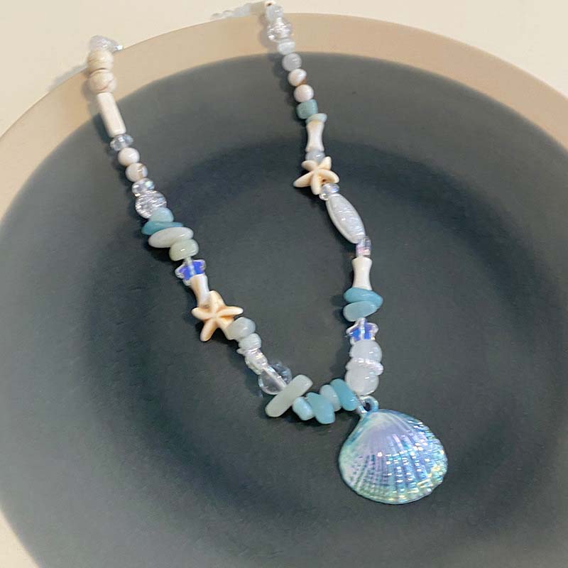 Summer Y2K Cute Shell Starfish Pendant Choker Necklace for Women Elegant Pearl Crystal Beaded Clavicle Chain Party Jewelry Gift