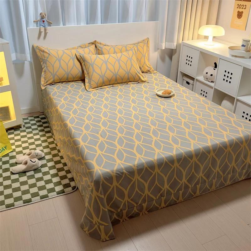 3Pcs Simple Geometric Plaid Bed Sheet Set 100% Cotton Skin-friendly Queen Size Bedding Set Thickened Flat Sheet with Pillowcases