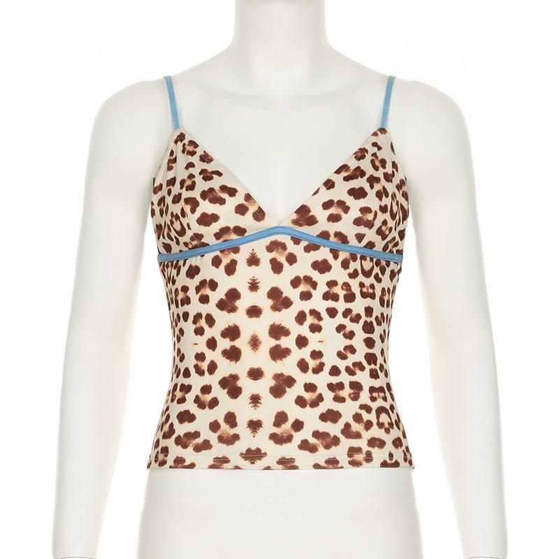 Damski kontrastowy kolor dekolt w serek osobowość nadruk w panterkę halter przyprawa seksowny halter talia wyszczuplająca kamizelka top