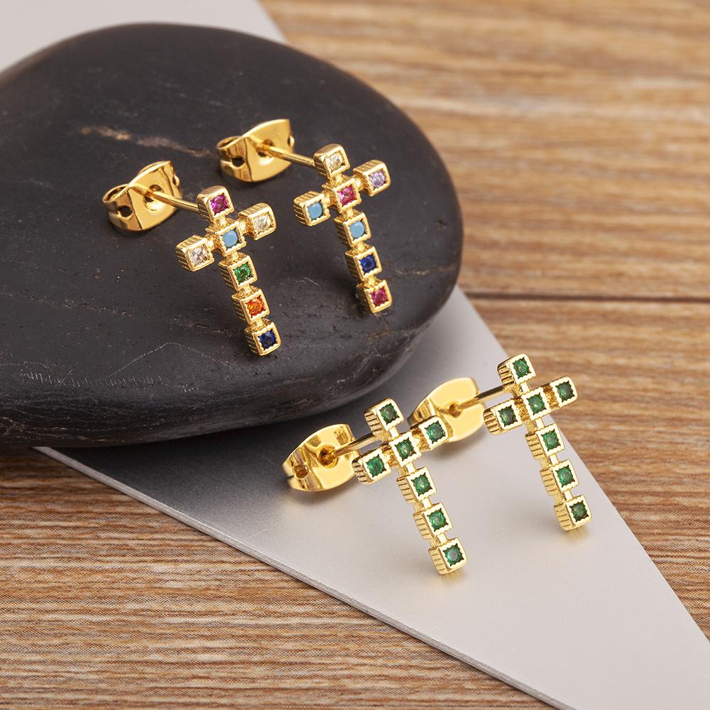 Nidin Korea Popular Inlaid Delicate Zircon Cross Charm Earrings 3 Colors For Women Girl Engagement Wedding Jewelry Accessories