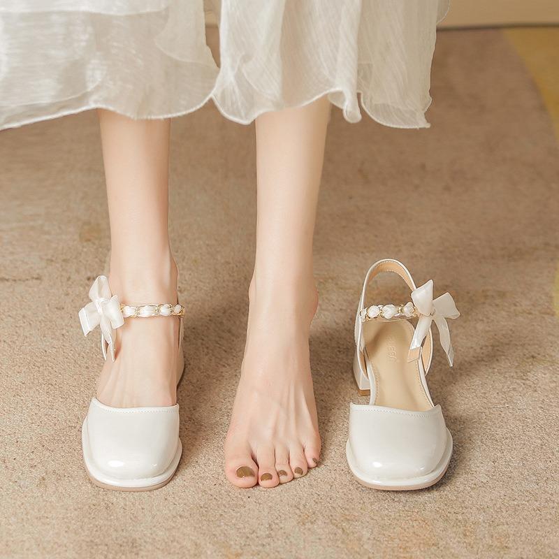 Summer new sandals women's spring wear thick heel bow with skirt bag head Mary Jane single shoes