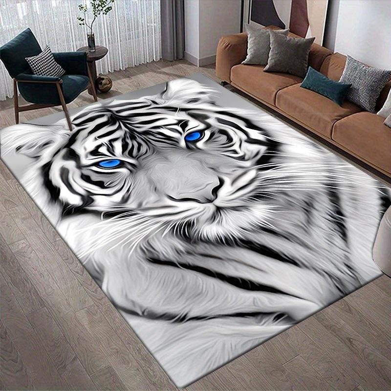 White Tiger Turquoise Rose Butterfly Print Large Area Rug Soft Flannel Non Slip Floor Carpet for Living Room Bedroom Modern Home