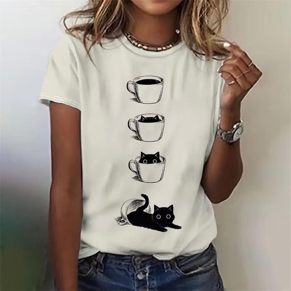 Koszulka z zabawnym kotem drukowana w 3D dla kobiet Urocze koszulki z wzorem zwierzęcia domowego Letnie codzienne koszulki z krótkim rękawem Oversize T-shirty z dekoltem O