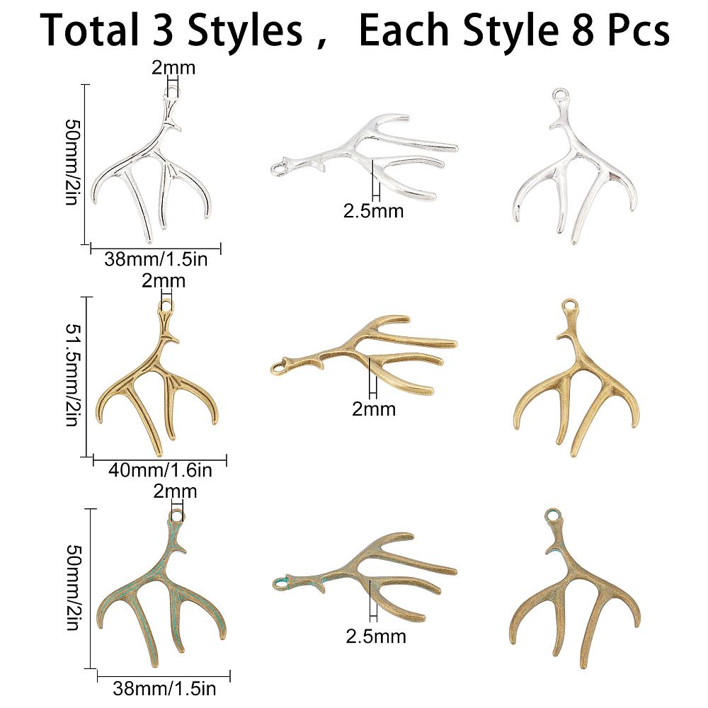 24Pcs 3 Style Tibetan Style Alloy Christmas Deer Antler Big Pendants, Mixed Color, 50~51.5x38~40x2~2.5mm, Hole: 2~3mm, 8pcs/style