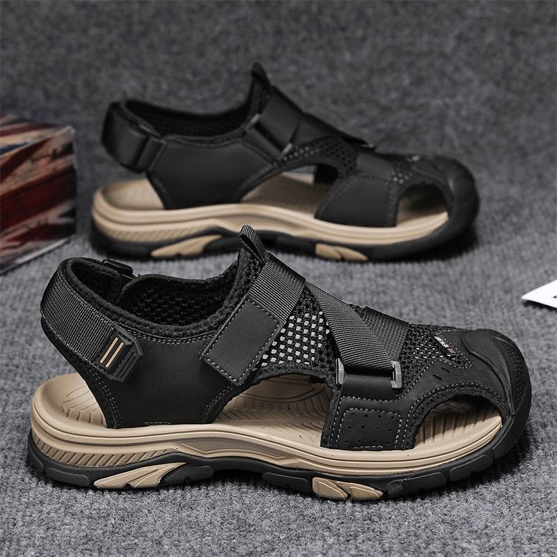 

Модные летние мужские сандалии кожаные на толстой подошве удобные пляжные сандалии повседневные кожаные сандалии мужские уличные дышащие сетчатые туфли с вырезами 46 чёрный