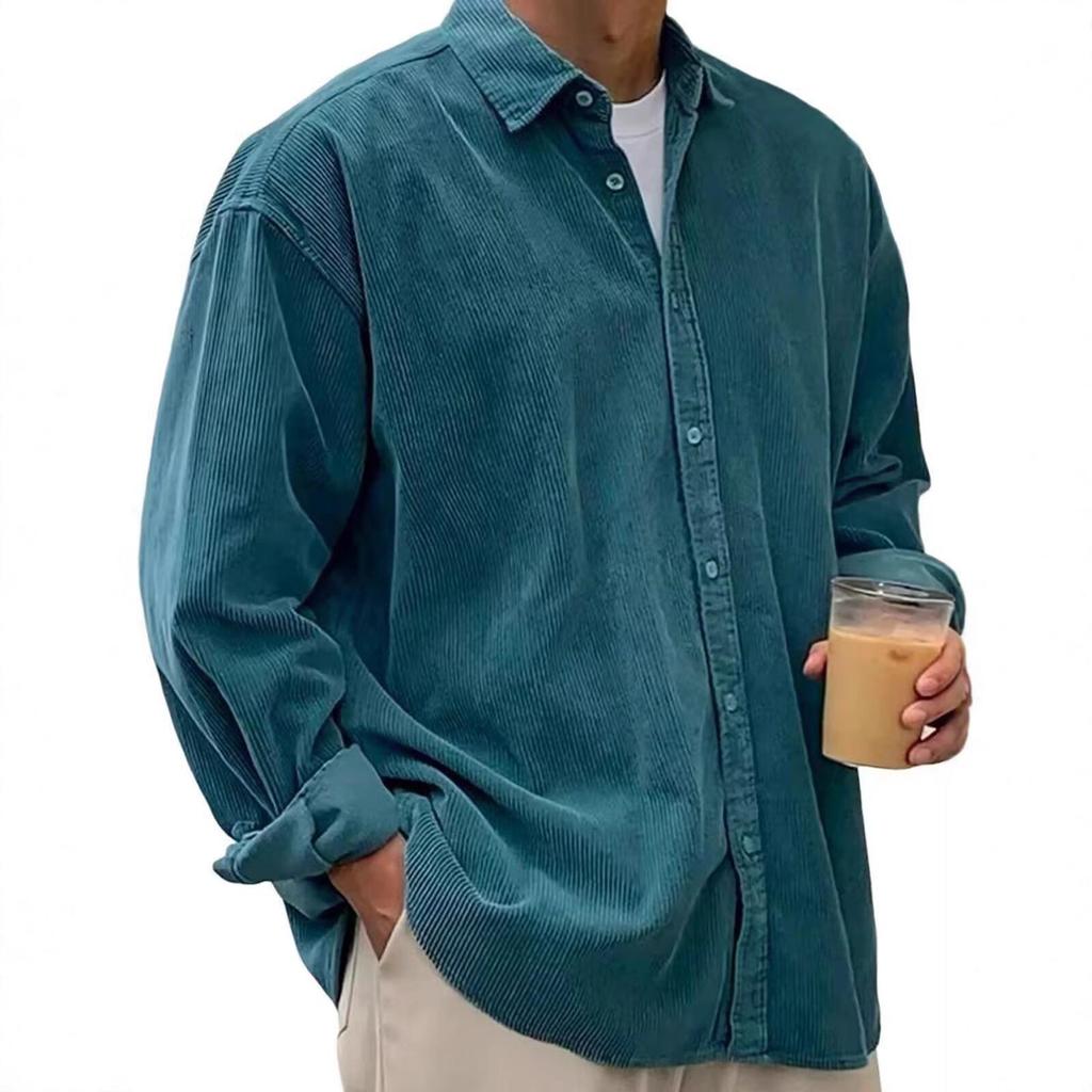 Camicia Casual Larga da Uomo in Velluto a Coste Europeo e Americano, Colore Unito, con Collo a Revers in Velluto a Coste