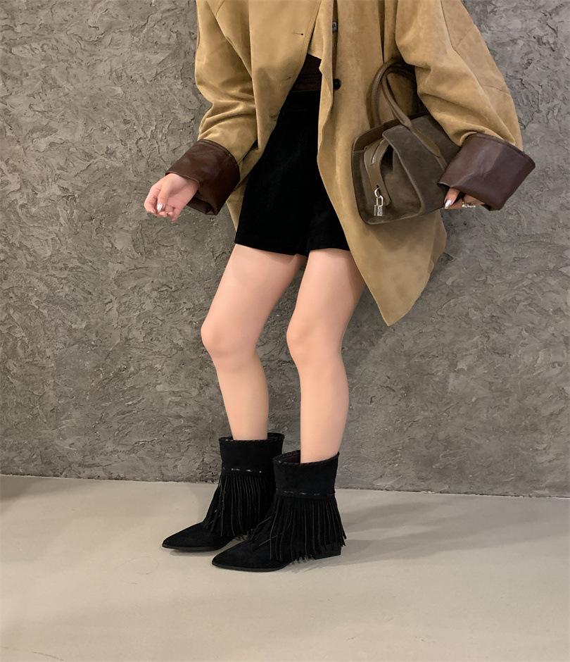 European and American wind slope heel pointed tassel high heel short boots