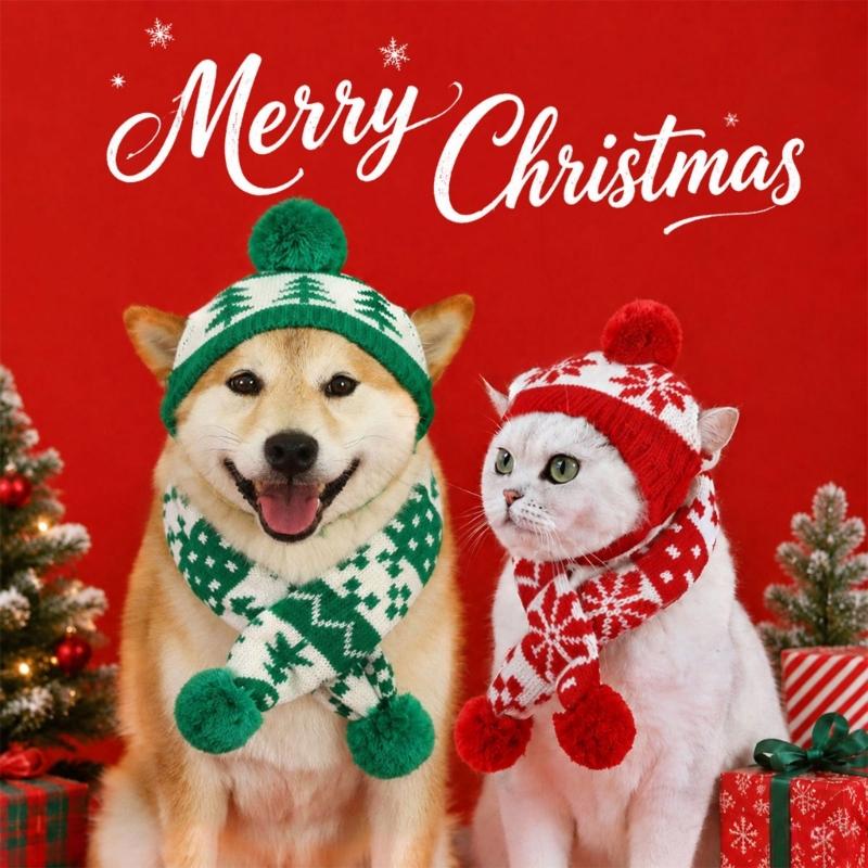 Holiday Pet Photo Hat and Neck Scarf Set, Acrylic Christmas Accessories for Winter Pictures and Gathering Wear Plus