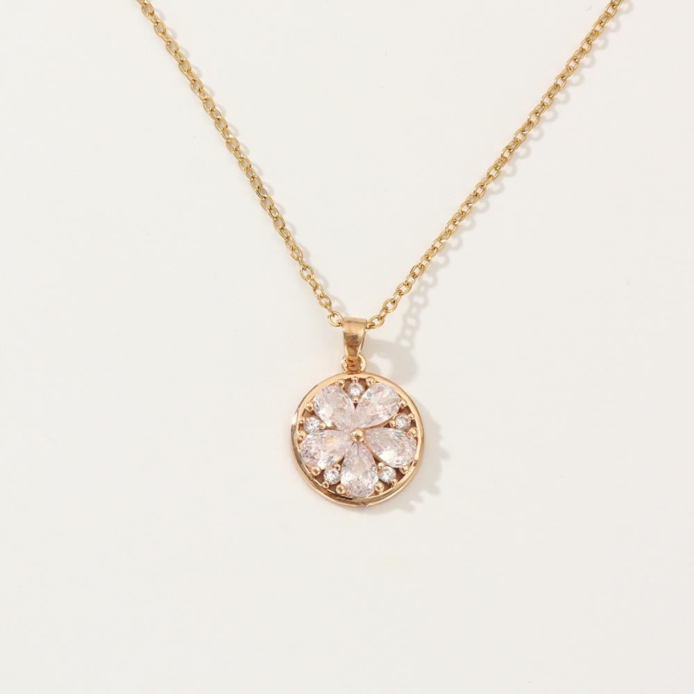 1 Piece Trendy Round Zircon Flower Pendant Necklaces for Women Gold Color Stainless Steel Necklace Jewelry Party Accessories
