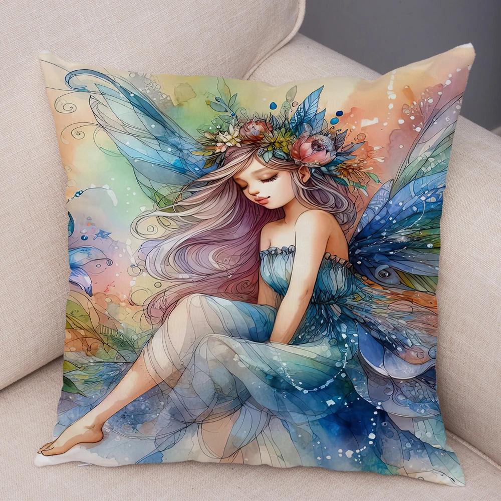 Niedlicher Cartoon Waldmädchen Elfen Kissenbezug Doppelseitig bedruckter Kissenbezug Deko für Sofa Zuhause Superweicher Plüsch Kissenbezug 40x40cm