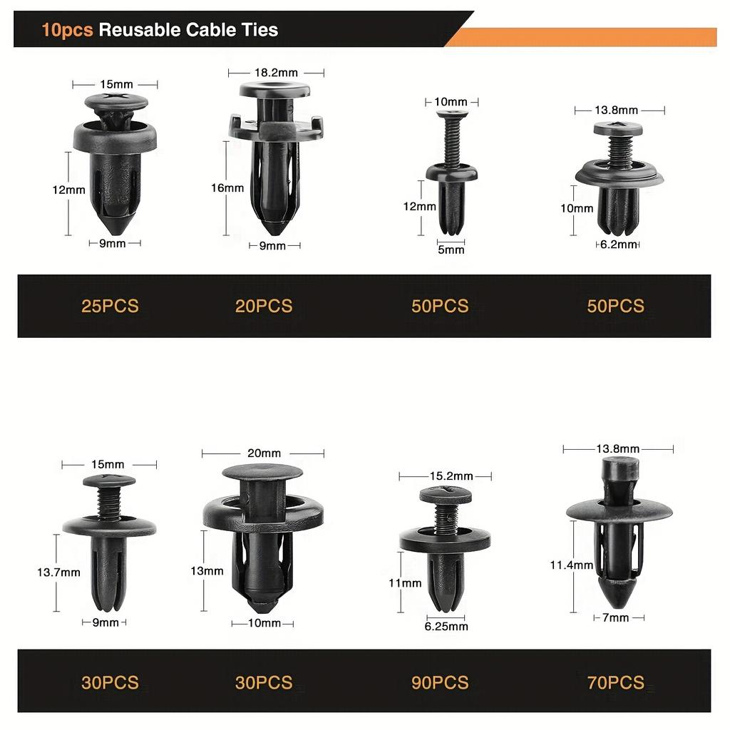 635 Stück Auto Halteklammern & Befestigungselemente Sortimentskasten | 16 Größen Nylon Stoßfänger/Kotflügel Nieten mit 10 Kabelbindern & Entfernungswerkzeug