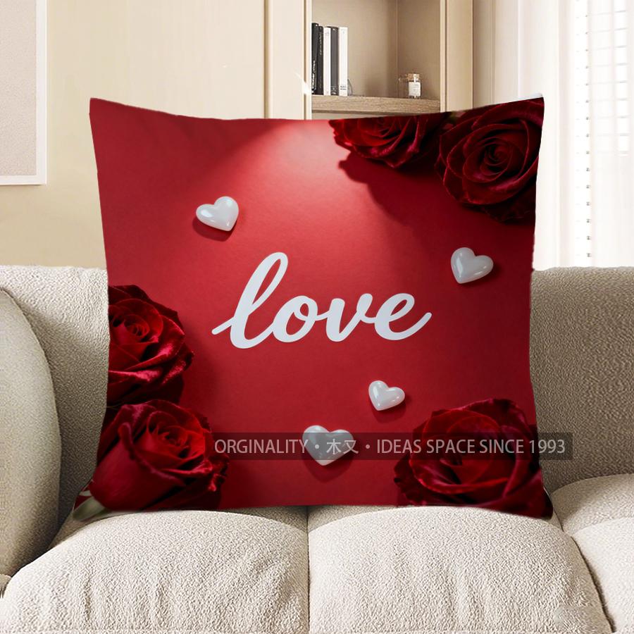 2D Red Roses & Love Heart Pattern Pillow Cover Pattern Cushion Cover Suitable For Sofa Bedroom Car Pillow Cover