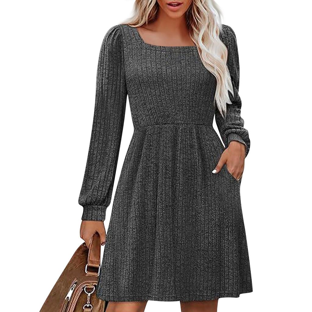 Dámské šaty s čtvercovým výstřihem s dlouhým rukávem Ležérní roztomilé pletené šaty s kapsami